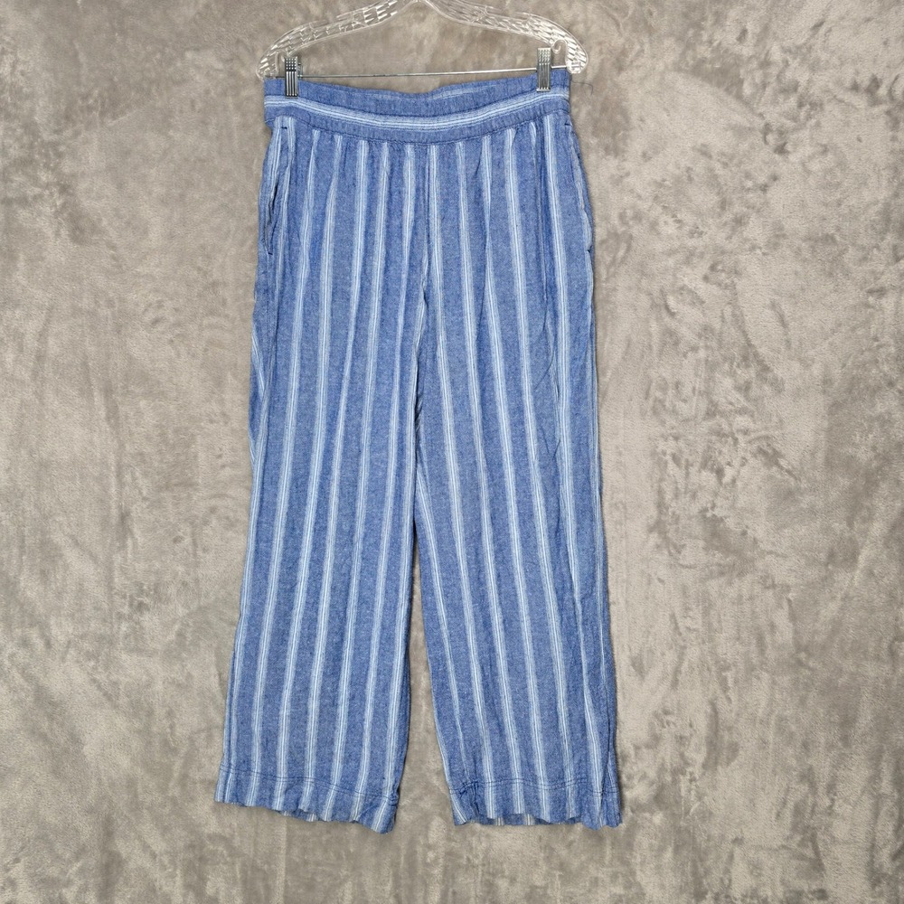 OldNavy Wide Leg Pants Women M Blue Striped Hi Rise Linen Blend Coastal Nautical